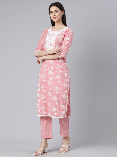 Neerus Pink Panelled Straight Printed Kurta And Trousers With Dupatta