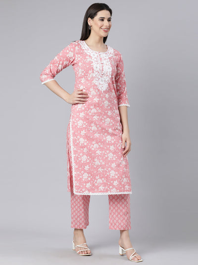 Neerus Pink Panelled Straight Printed Kurta And Trousers With Dupatta