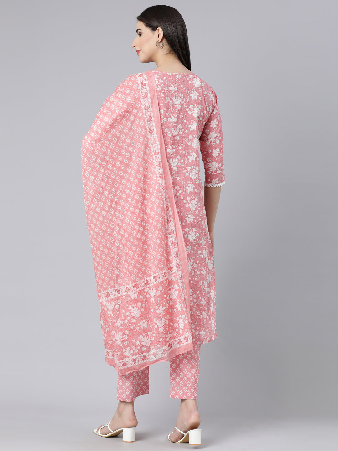 Neerus Pink Panelled Straight Printed Kurta And Trousers With Dupatta