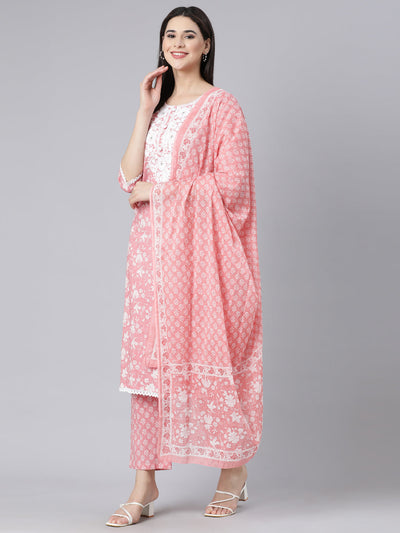 Neerus Pink Panelled Straight Printed Kurta And Trousers With Dupatta