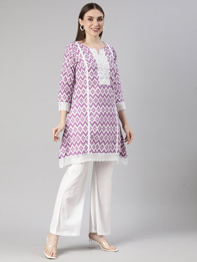 Neerus Lavender Regular Straight Chevron Kurti And  Palazzos With Dupatta