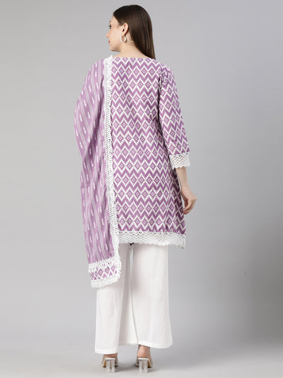 Neerus Lavender Regular Straight Chevron Kurti And  Palazzos With Dupatta