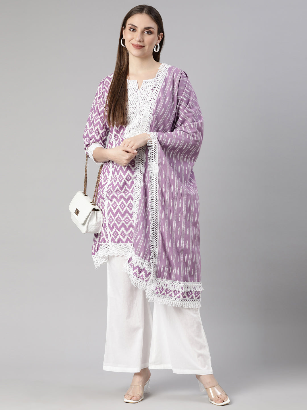 Neerus Lavender Regular Straight Chevron Kurti And  Palazzos With Dupatta