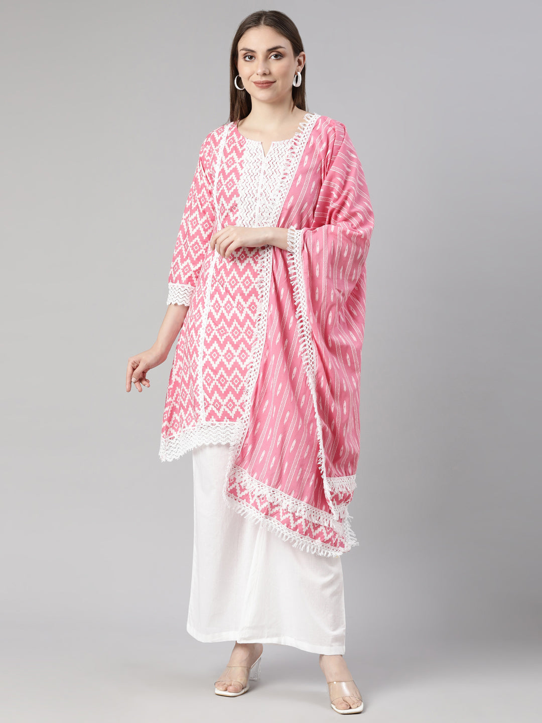 Neerus Pink Regular Straight Chevron Kurti And  Palazzos With Dupatta