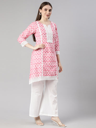 Neerus Pink Regular Straight Chevron Kurti And  Palazzos With Dupatta