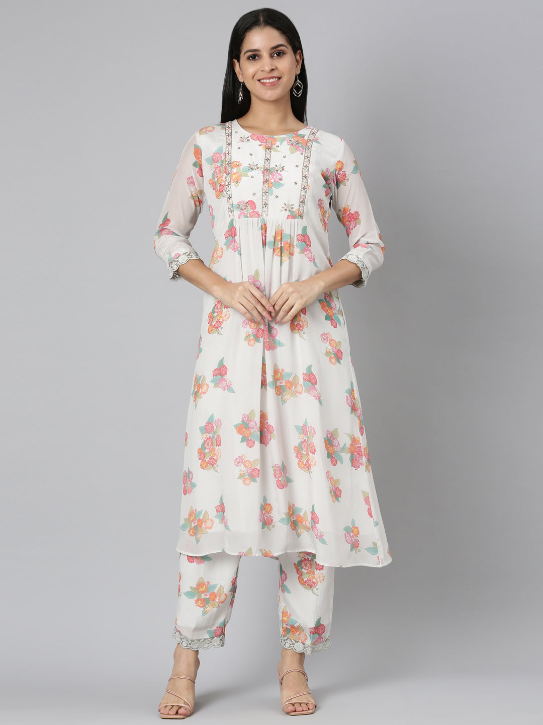 Neerus Off White Pleated Curved Printed Kurta and Trousers With Dupatta