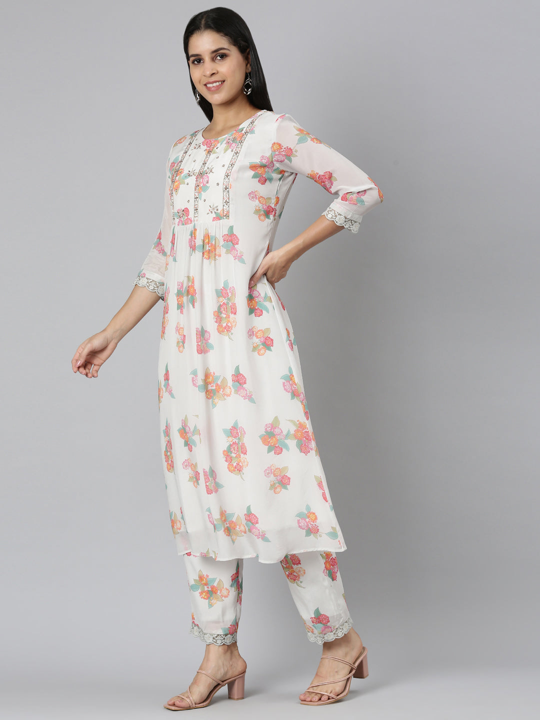 Neerus Off White Pleated Curved Printed Kurta and Trousers With Dupatta