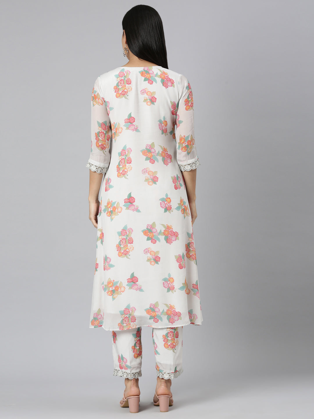 Neerus Off White Pleated Curved Printed Kurta and Trousers With Dupatta