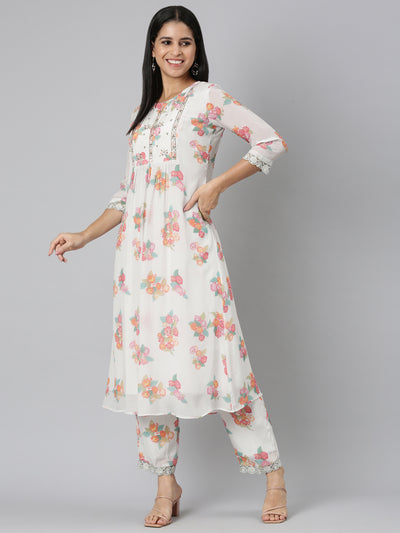 Neerus Off White Pleated Curved Printed Kurta and Trousers With Dupatta