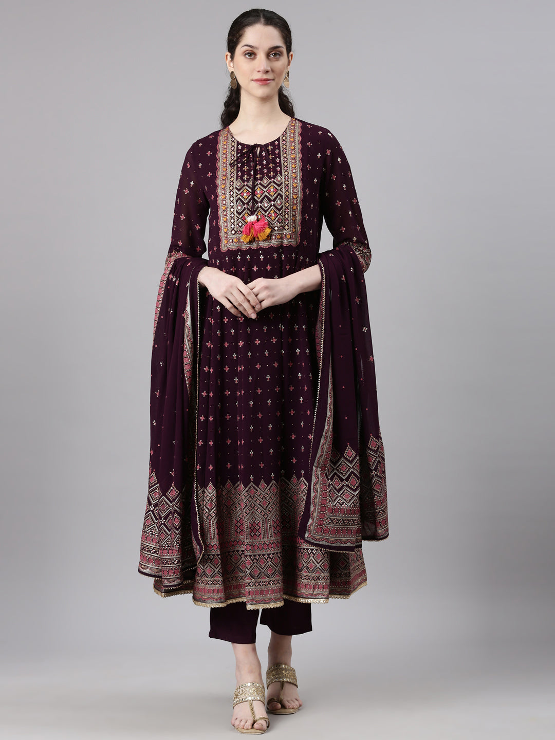 Neerus Maroon Straight Casual Floral Kurta and Trouser with Dupatta