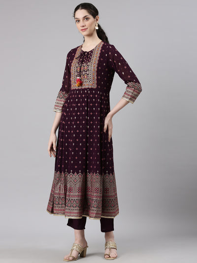 Neerus Maroon Straight Casual Floral Kurta and Trouser with Dupatta