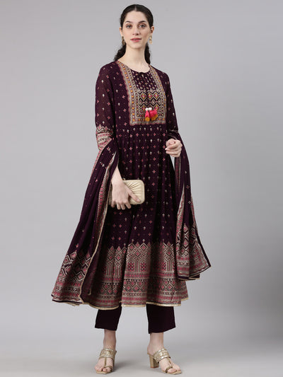 Neerus Maroon Straight Casual Floral Kurta and Trouser with Dupatta