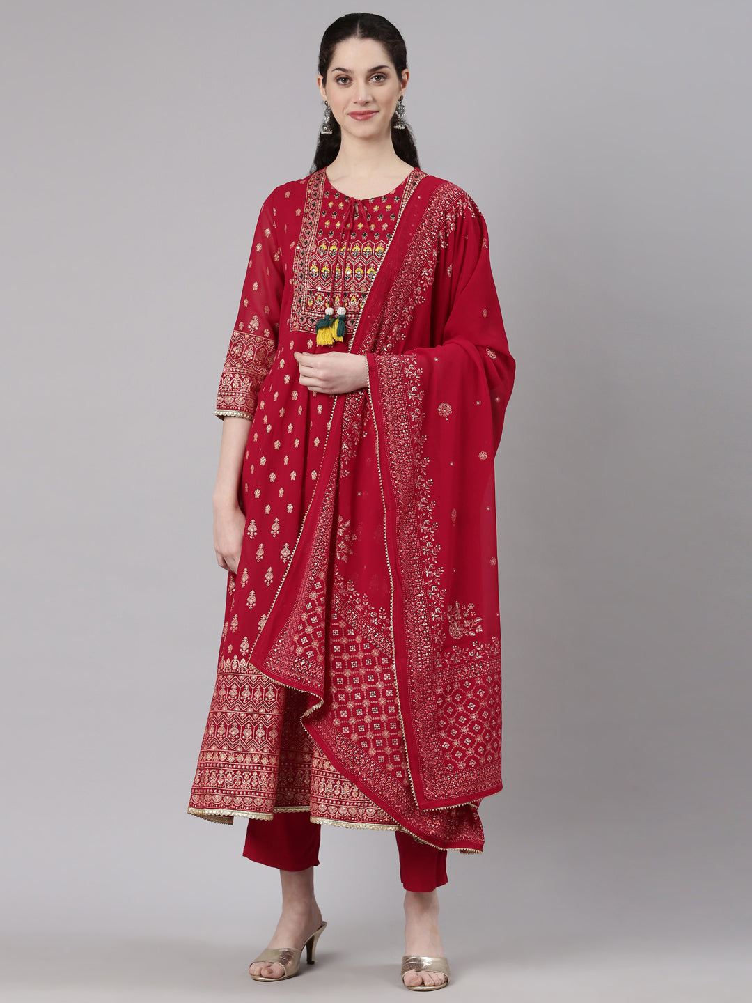 Neerus Magenta Straight Casual Floral Kurta and Trouser with Dupatta