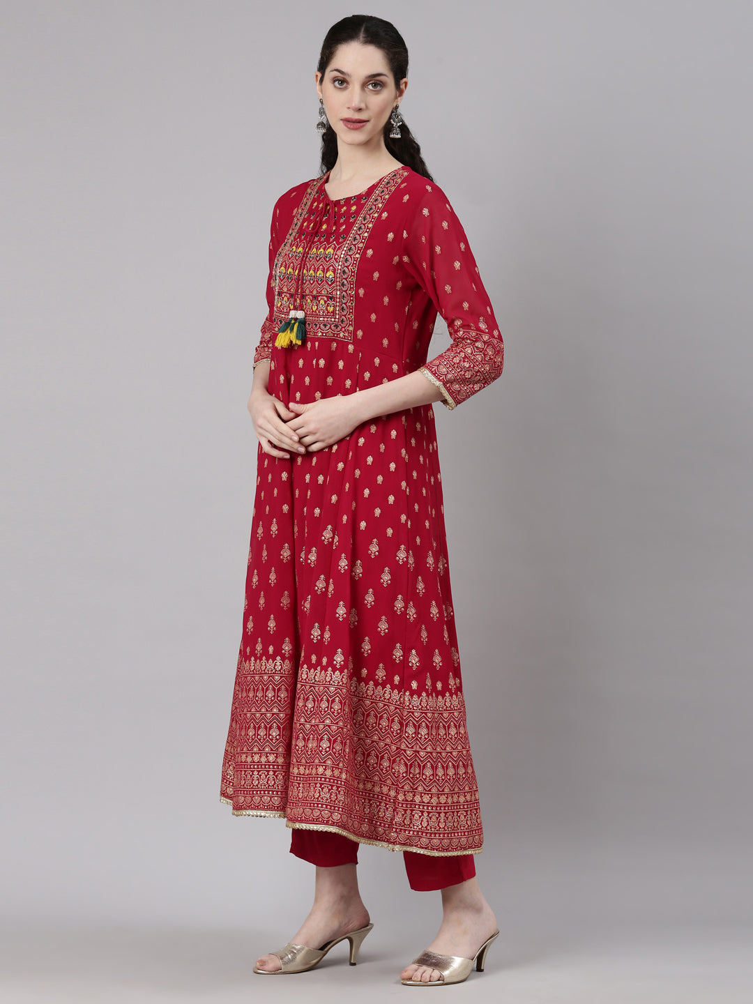 Neerus Magenta Straight Casual Floral Kurta and Trouser with Dupatta