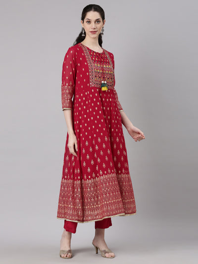 Neerus Magenta Straight Casual Floral Kurta and Trouser with Dupatta