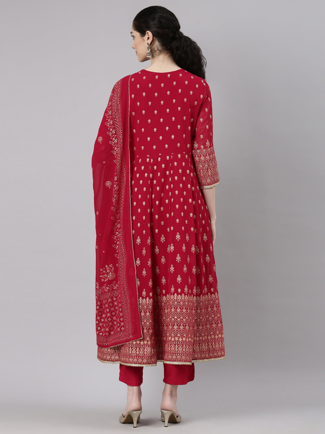 Neerus Magenta Straight Casual Floral Kurta and Trouser with Dupatta