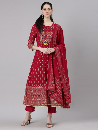 Neerus Magenta Straight Casual Floral Kurta and Trouser with Dupatta