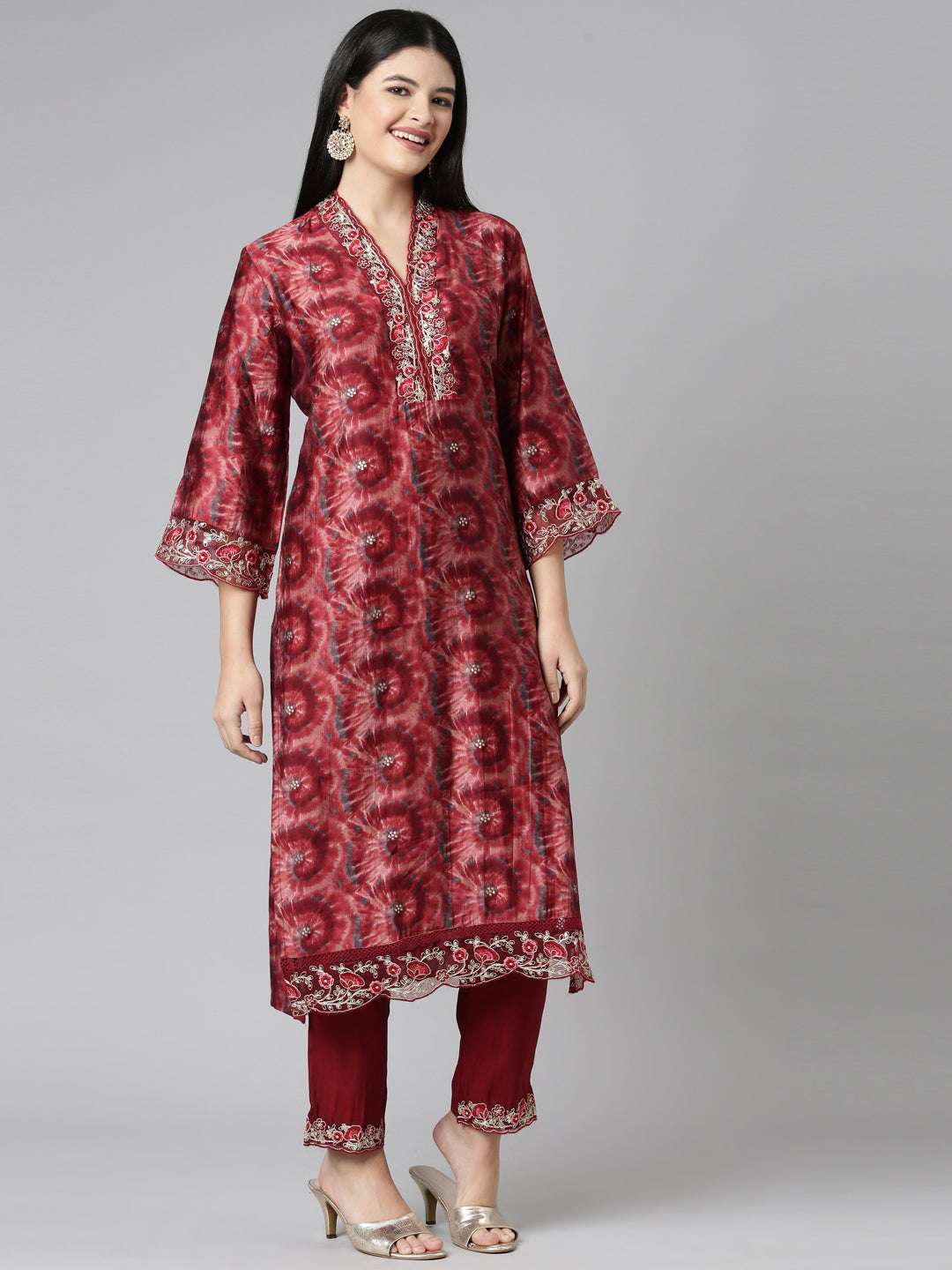 Neerus Maroon Casual Ombre Straight Kurta and Trousers With Dupatta