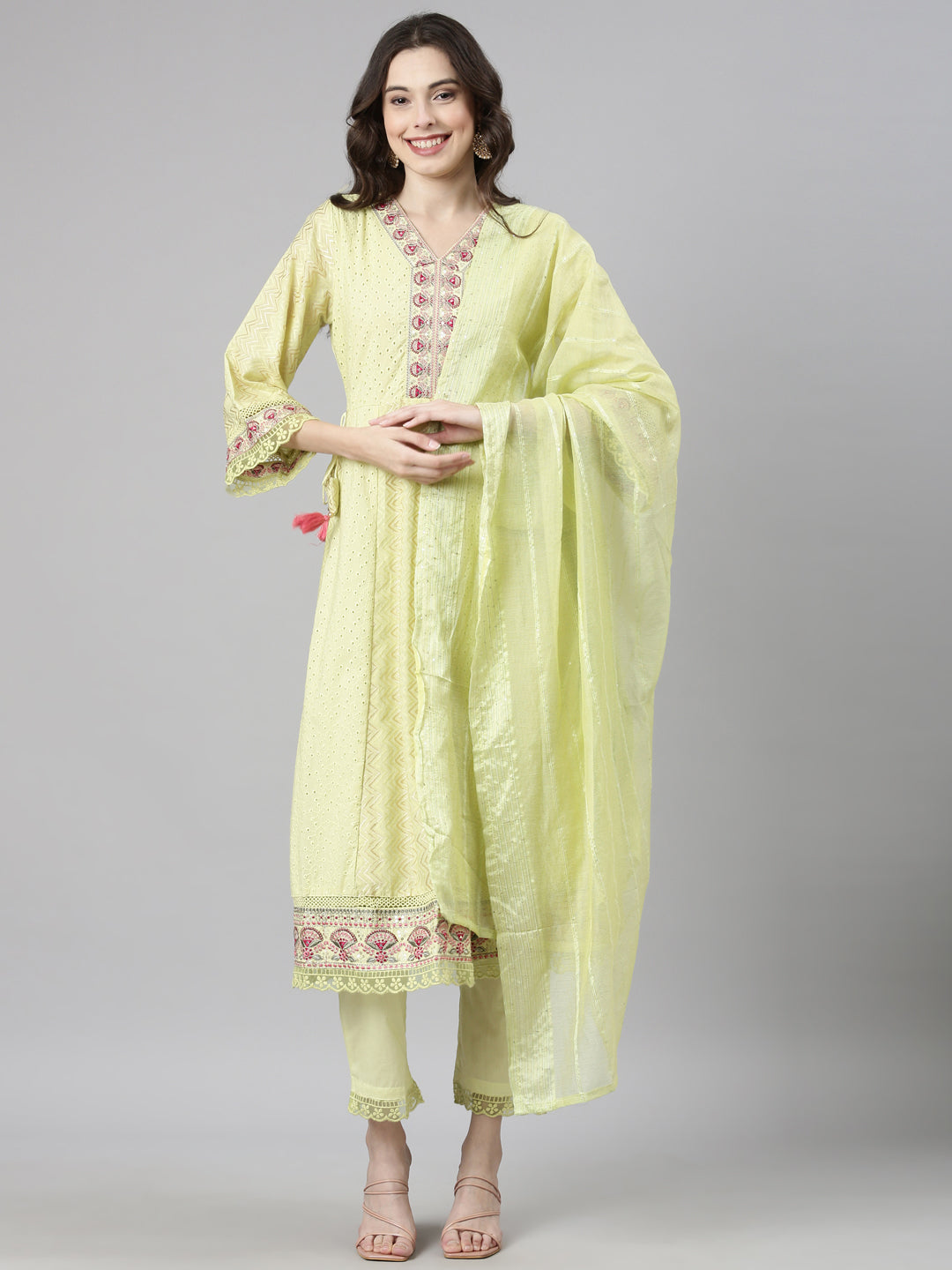 Neerus Yellow Casual Chevron Anarkali Kurta and Trousers With Dupatta