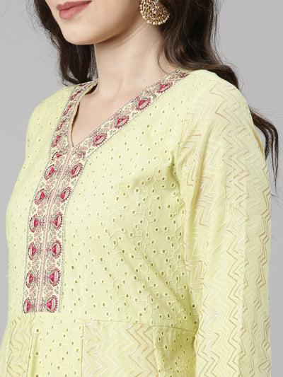 Neerus Yellow Casual Chevron Anarkali Kurta and Trousers With Dupatta