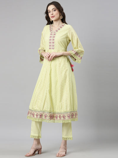 Neerus Yellow Casual Chevron Anarkali Kurta and Trousers With Dupatta