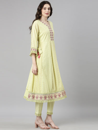 Neerus Yellow Casual Chevron Anarkali Kurta and Trousers With Dupatta