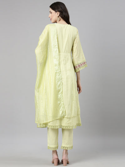 Neerus Yellow Casual Chevron Anarkali Kurta and Trousers With Dupatta