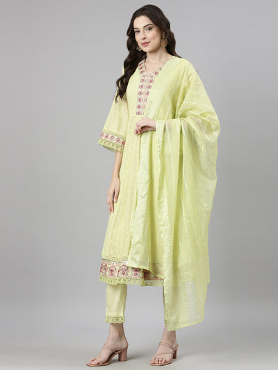 Neerus Yellow Casual Chevron Anarkali Kurta and Trousers With Dupatta