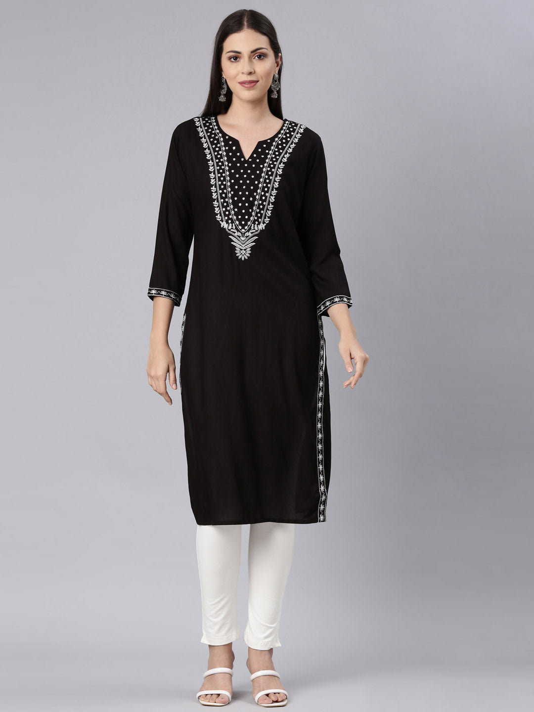 Neerus Black Straight Casual Solid Straight Kurtas