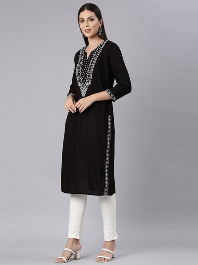 Neerus Black Straight Casual Solid Straight Kurtas