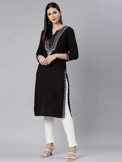 Neerus Black Straight Casual Solid Straight Kurtas