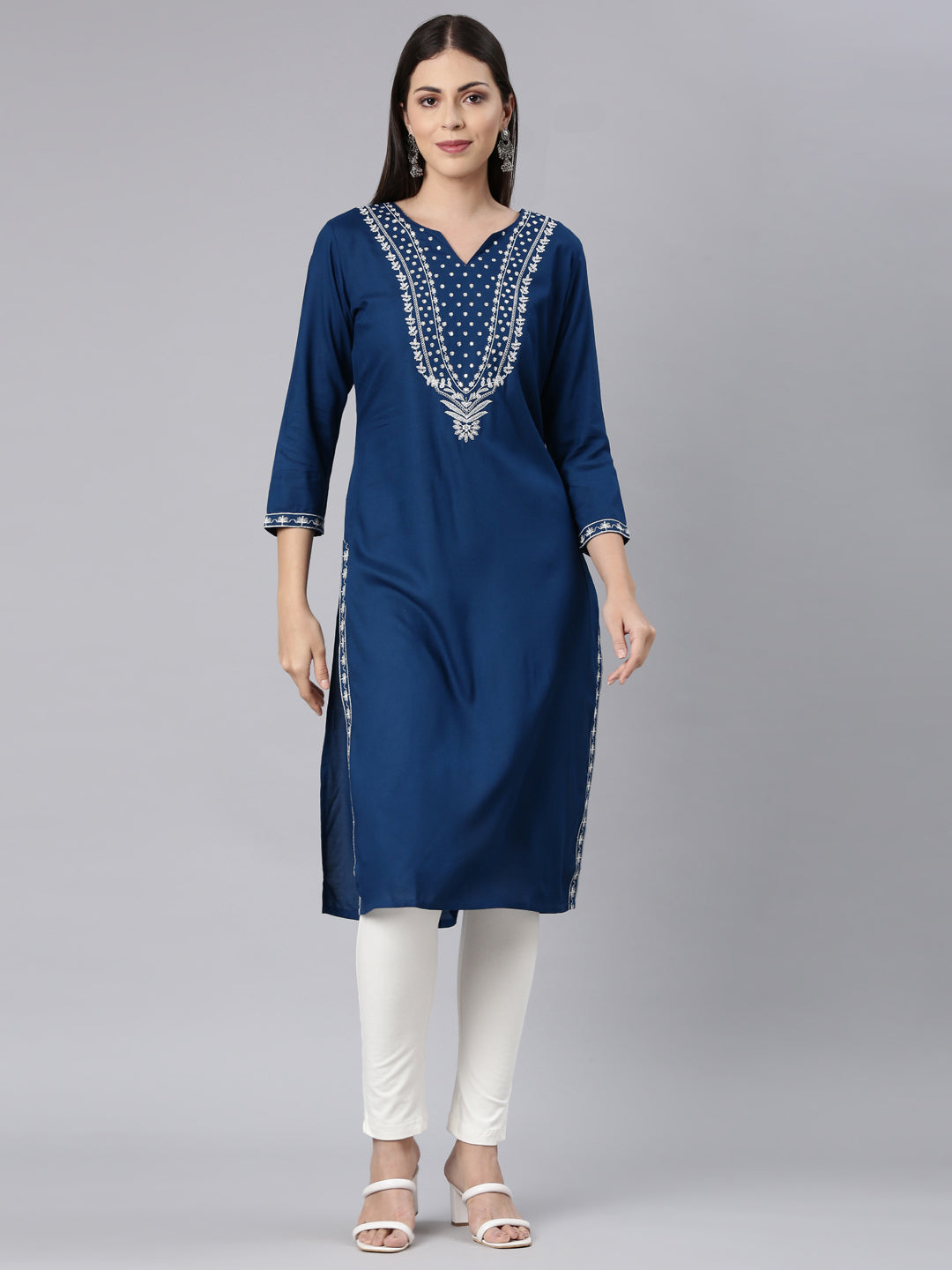 Neerus Blue Straight Casual Solid Straight Kurtas