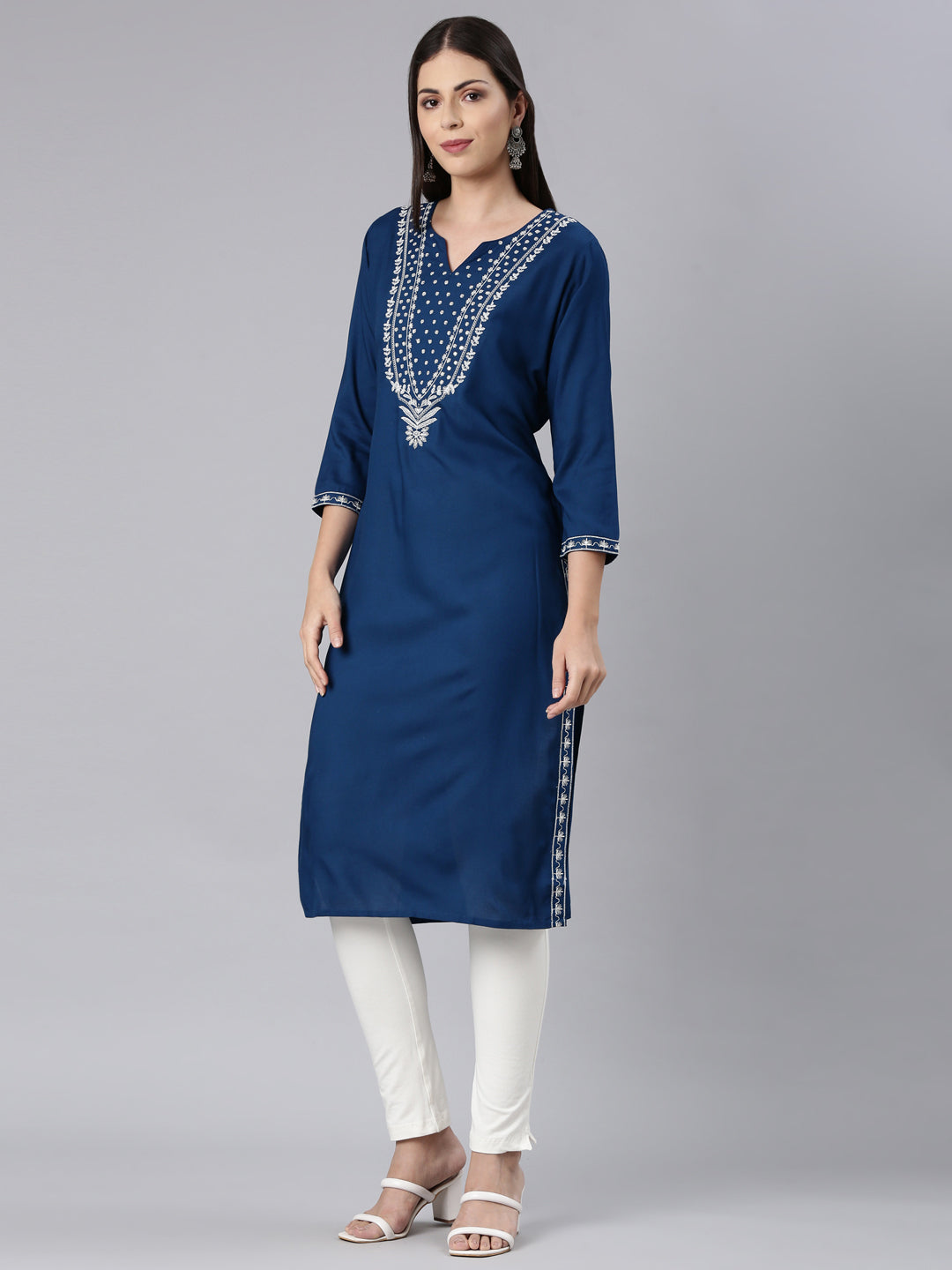 Neerus Blue Straight Casual Solid Straight Kurtas