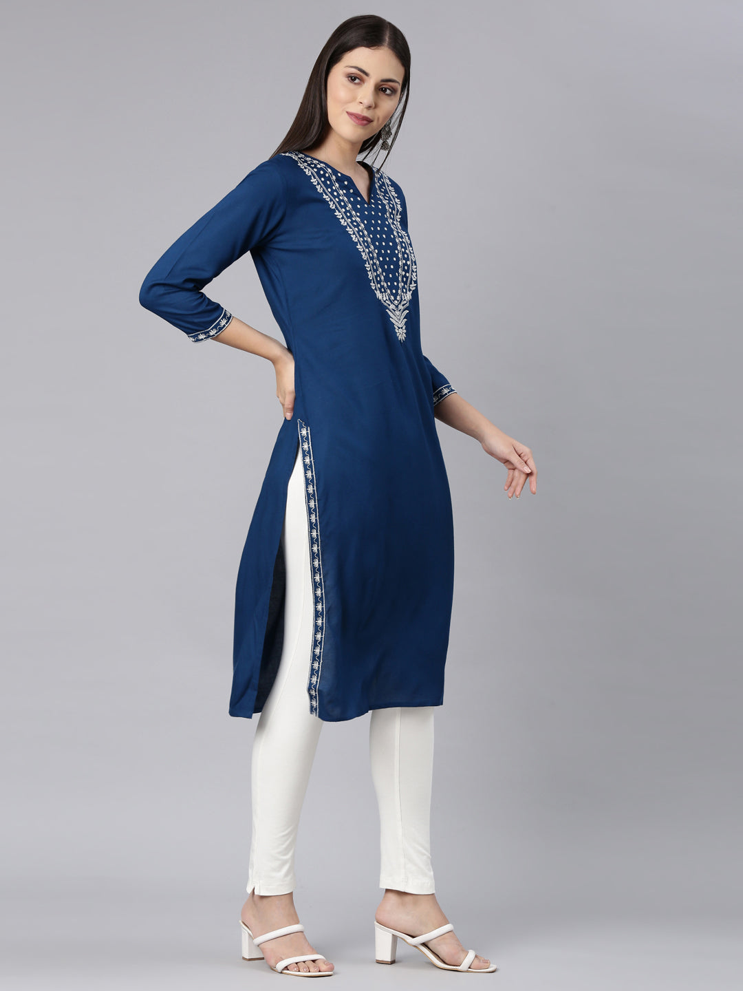 Neerus Blue Straight Casual Solid Straight Kurtas