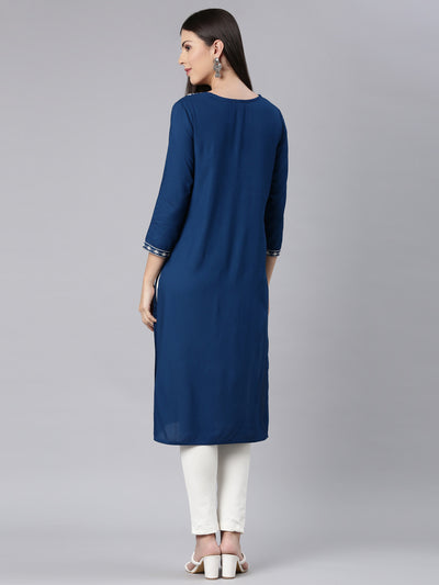 Neerus Blue Straight Casual Solid Straight Kurtas