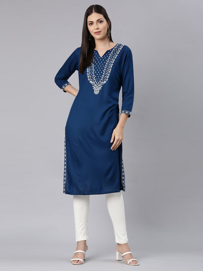 Neerus Blue Straight Casual Solid Straight Kurtas