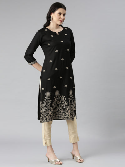 Neerus Black Casual Solid Straight Kurtas