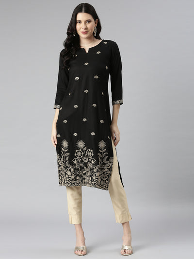 Neerus Black Casual Solid Straight Kurtas