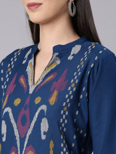 Neerus Blue Straight Casual Chevron Straight Kurtas