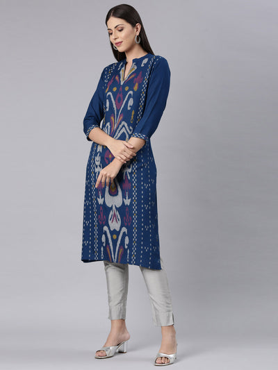 Neerus Blue Straight Casual Chevron Straight Kurtas