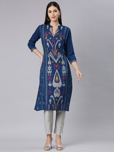 Neerus Blue Straight Casual Chevron Straight Kurtas