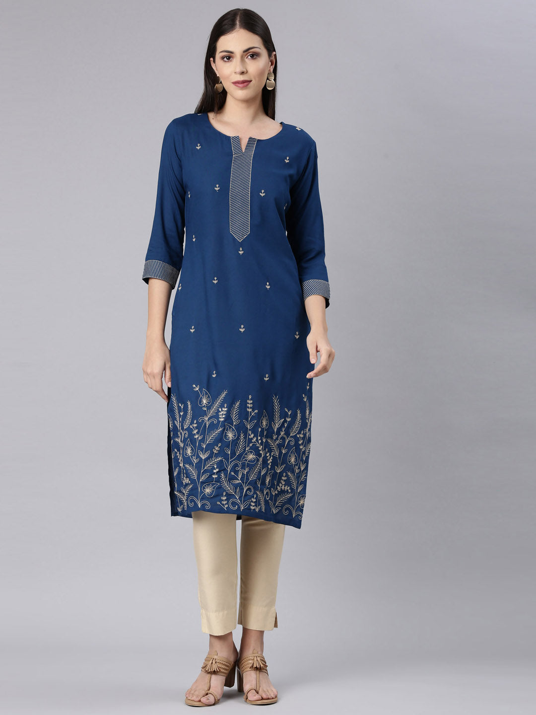 Neerus Blue Straight Casual Solid Straight Kurtas