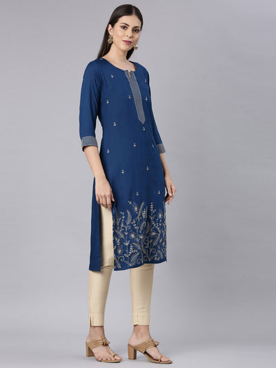 Neerus Blue Straight Casual Solid Straight Kurtas