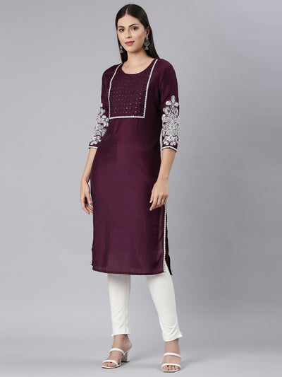 Neerus Purple Straight Casual Solid Straight Kurtas