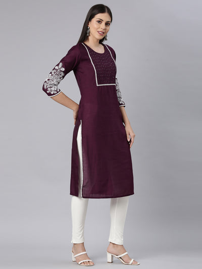 Neerus Purple Straight Casual Solid Straight Kurtas