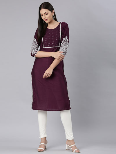 Neerus Purple Straight Casual Solid Straight Kurtas