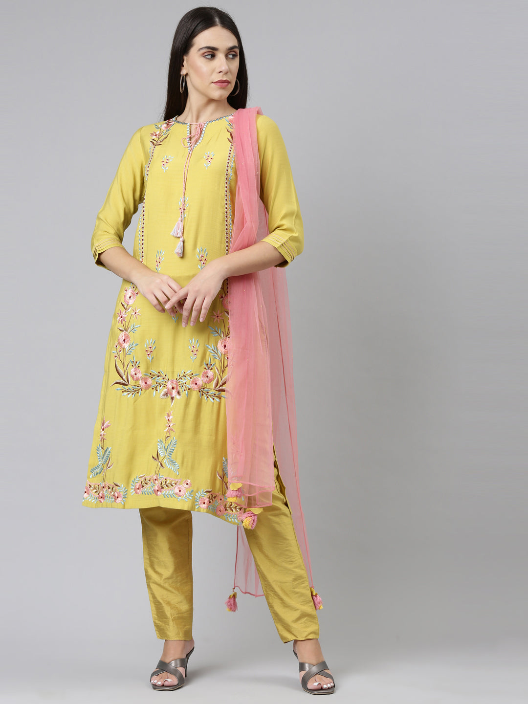 Neerus Women Yellow Embroidered Cotton Kurta with Trousers With Dupatta