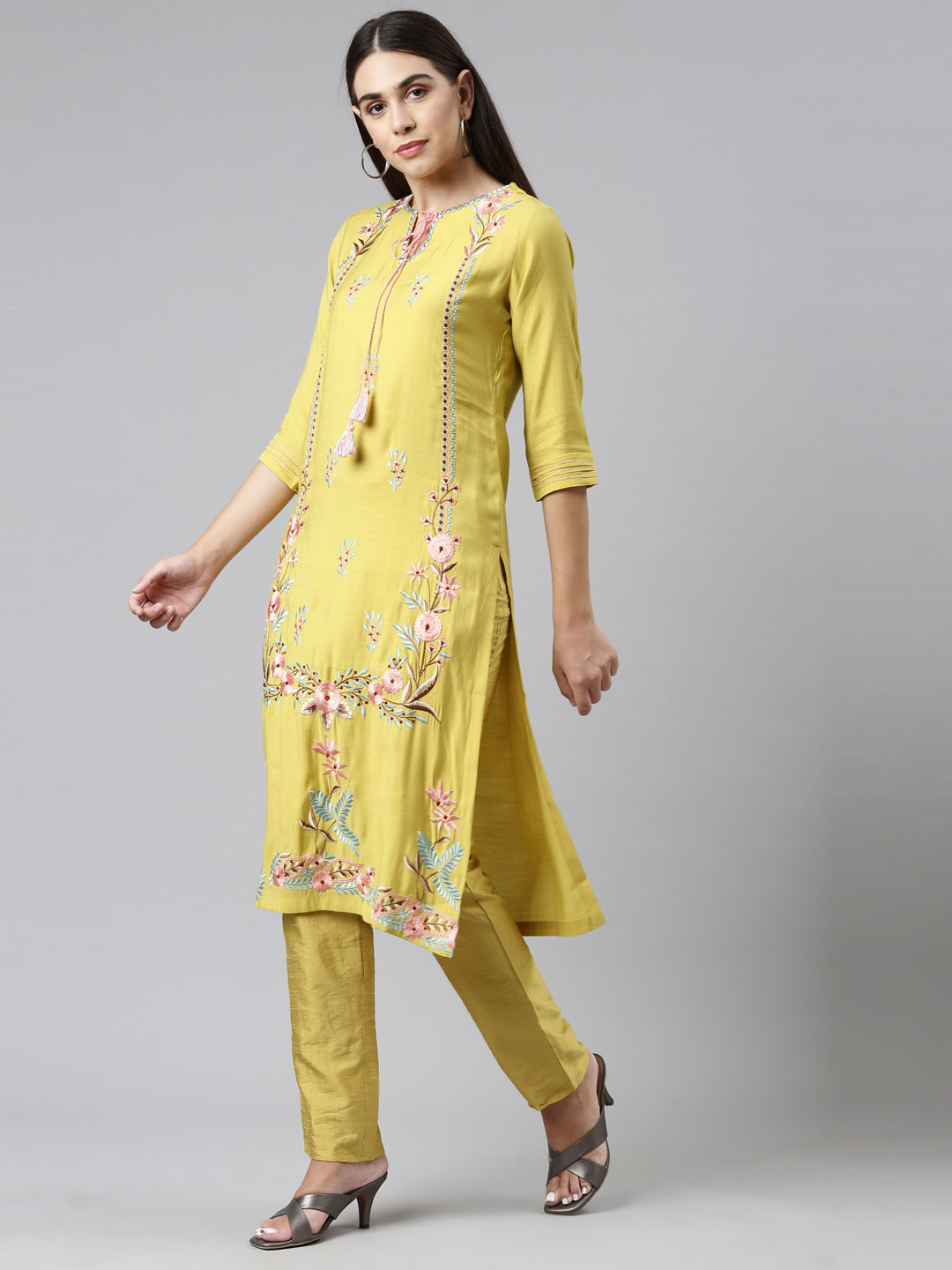 Neerus Women Yellow Embroidered Cotton Kurta with Trousers With Dupatta