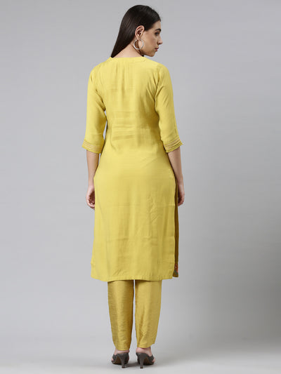 Neerus Women Yellow Embroidered Cotton Kurta with Trousers With Dupatta