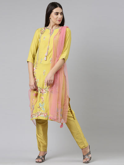 Neerus Women Yellow Embroidered Cotton Kurta with Trousers With Dupatta